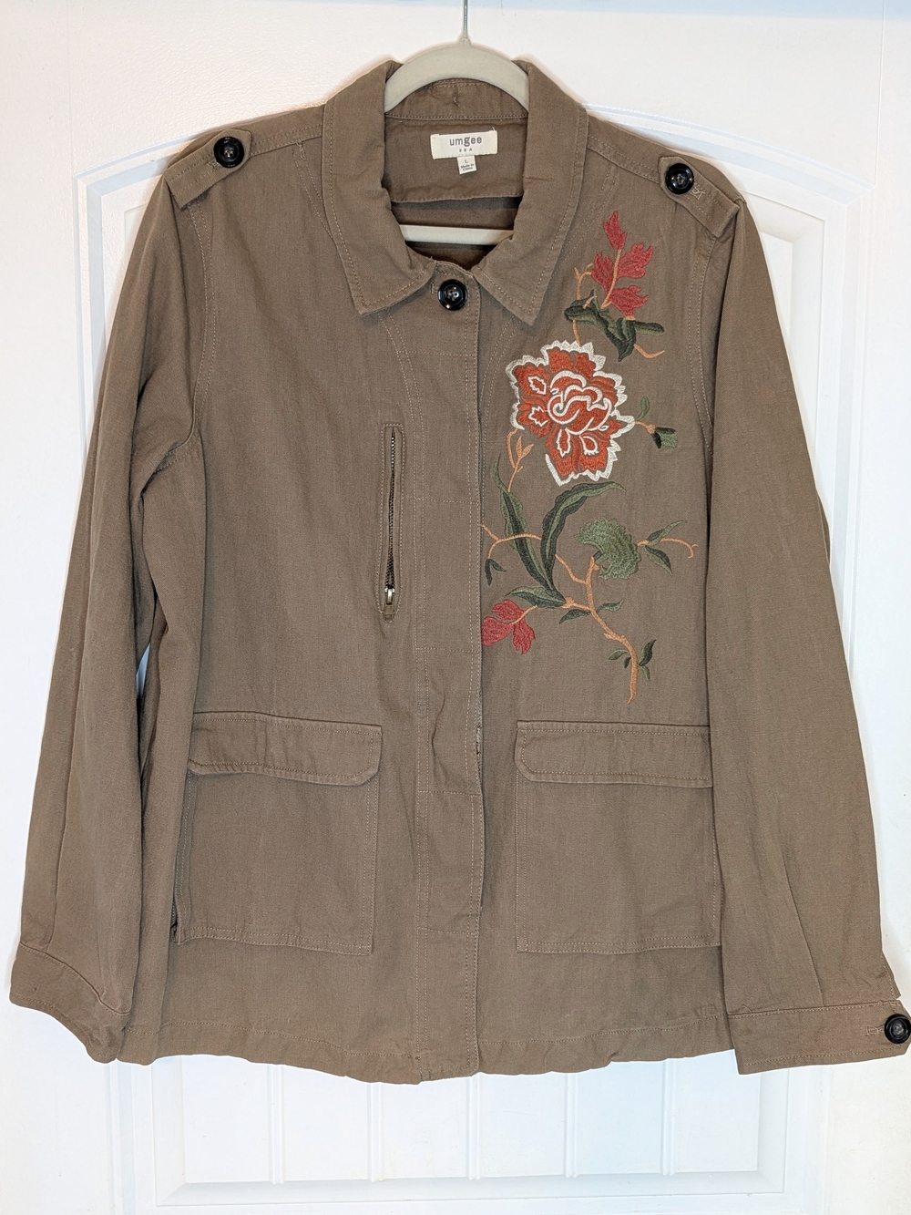 Umgee Olive Green Boho Floral Embroidered Utility Jacket